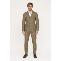 Veste saharienne lin vert kaki — porté face — sur mesure — Costume Privé Paris