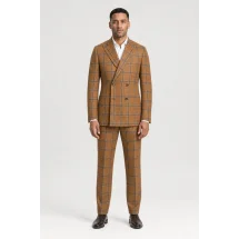 veste croisée orange carreaux bleu été — porté face — sur mesure — Costume Privé Paris