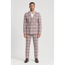 veste croisée rose carreaux gris été — porté face — sur mesure — Costume Privé Paris