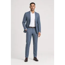 Veste bleu clair double carreaux marron — porté décontracté veste ouverte