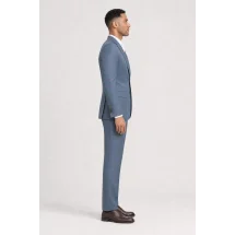 Veste bleu clair double carreaux marron — vue profil porté