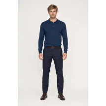 Pull polo manche longue bleu indigo — porté face — sur mesure — Costume Privé Paris