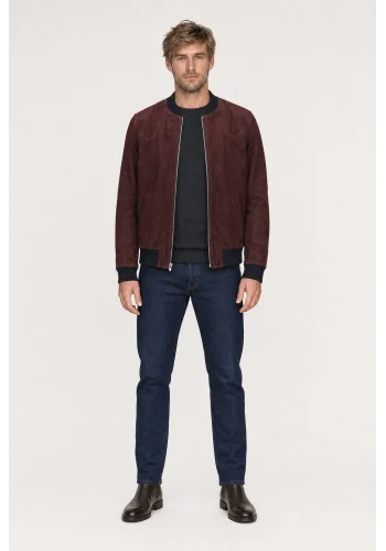 Blouson Suede bordeaux MA1 Steve — porté face — sur mesure — Costume Privé Paris
