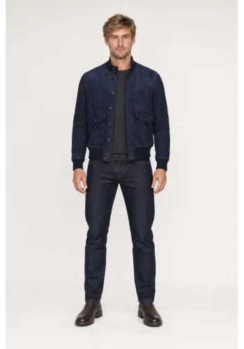 Blouson Nubuck bleu A1 Cary — porté face — sur mesure — Costume Privé Paris