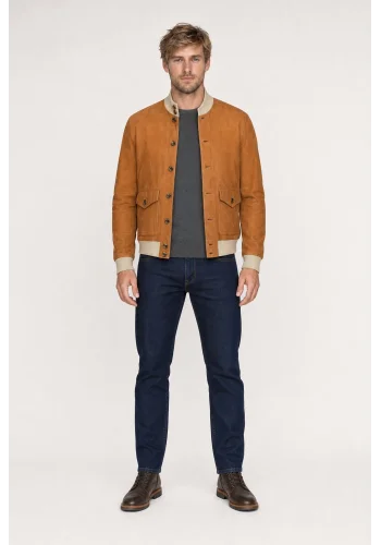 Blouson Nubuck camel A1 Cary — porté face — sur mesure — Costume Privé Paris