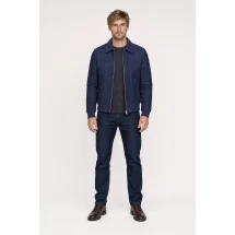 Blouson Nubuck bleu nuit A2 John — porté face — sur mesure — Costume Privé Paris
