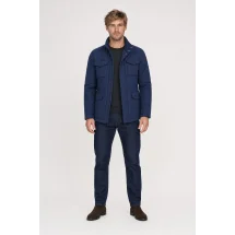 Parka matelassée bleu moyen — porté face — sur mesure — Costume Privé Paris