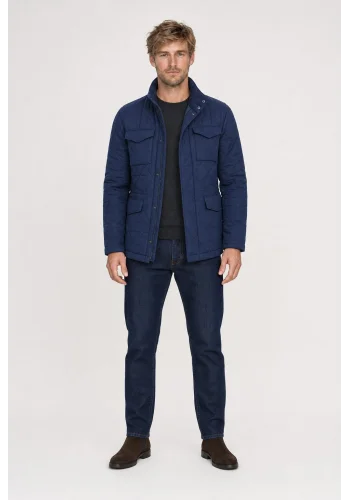 Parka matelassée bleu moyen — porté face — sur mesure — Costume Privé Paris