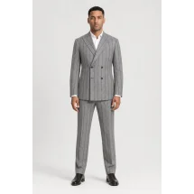 veste croisée été gris rayures — porté face — sur mesure — Costume Privé Paris