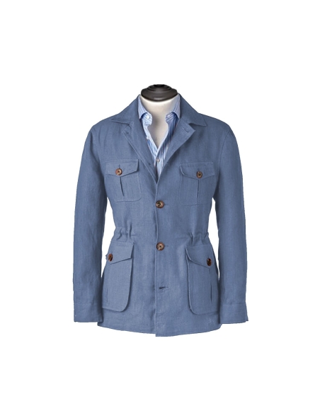 Veste saharienne lin bleu denim | Costume Privé Paris