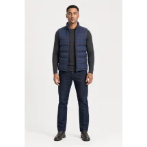 Doudoune bleu carreaux orange — porté face — sur mesure — Costume Privé Paris