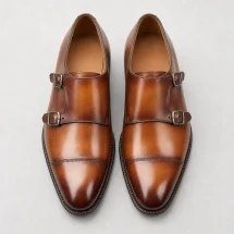 Chaussures double boucle cognac patiné — packshot — Costume Privé Paris