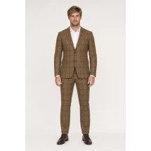 Veste marron clair carreau bleu — porté face — sur mesure — Costume Privé Paris