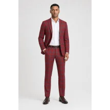 Blazer rouge carreaux bleu — porté décontracté veste ouverte