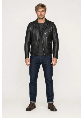 Blouson biker Cuir Noir James — porté face — sur mesure — Costume Privé Paris