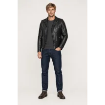 Blouson biker Cuir Noir James — porté veste partiellement ouverte