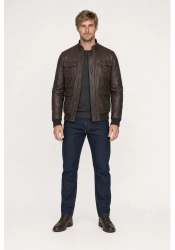 Blouson Cuir marron foncé A1 Marlon — porté face — sur mesure — Costume Privé Paris