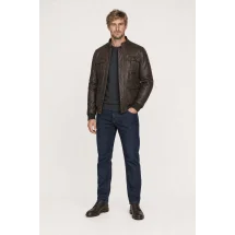 Blouson Cuir marron foncé A1 Marlon — porté veste partiellement ouverte