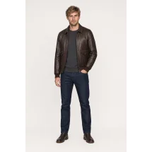 Blouson Cuir marron foncé A2 Gregory — porté veste partiellement ouverte