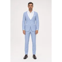 Smoking bleu ciel col châle — porté face — sur mesure — Costume Privé Paris
