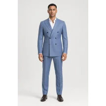 Blazer bleu clair croisé — porté face — sur mesure — Costume Privé Paris