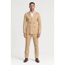 Blazer Beige Sable Croisé — porté face — sur mesure — Costume Privé Paris
