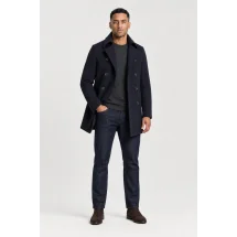Manteau Caban Bleu navy Cachemire — porté veste partiellement ouverte