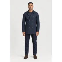 Manteau Caban Bleu Denim — porté face — sur mesure — Costume Privé Paris