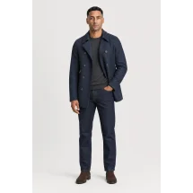 Manteau Caban Bleu Denim — porté veste partiellement ouverte