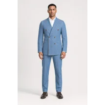 Blazer Croisé bleu denim — porté face — sur mesure — Costume Privé Paris