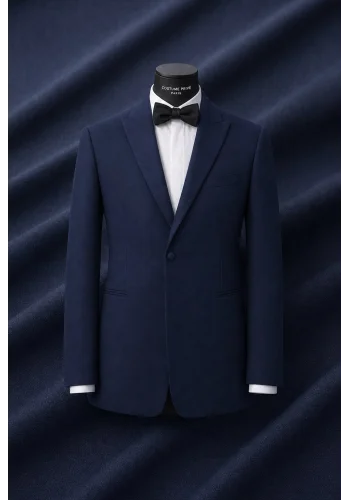 Smoking croisé 1 bouton col châle bleu — sur mesure — Costume Privé Paris