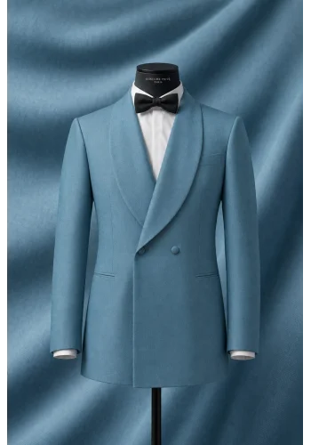 Smoking croisé 2 boutons col châle bleu clair — sur mesure — Costume Privé Paris