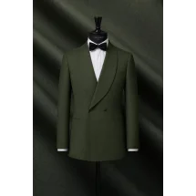 Smoking croisé 2 boutons col châle vert sapin — sur mesure — Costume Privé Paris