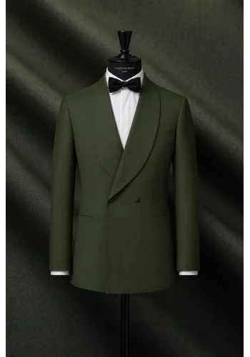Smoking croisé 2 boutons col châle vert sapin — sur mesure — Costume Privé Paris