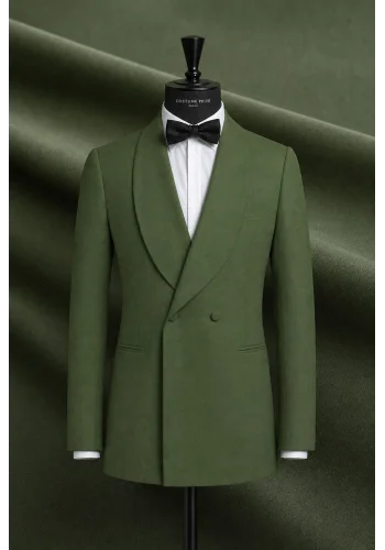 Smoking croisé 2 boutons col châle vert anglais — sur mesure — Costume Privé Paris