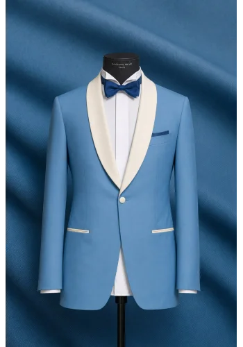 Smoking mariage bleu méditerranéen — sur mesure — Costume Privé Paris