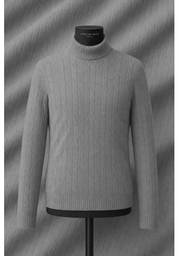 Pull col roulé torsade gris moyen — sur mesure — Costume Privé Paris