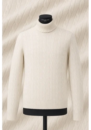 Pull col roulé torsade beige — sur mesure — Costume Privé Paris