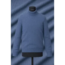 Pull col roulé torsade bleu moyen — sur mesure — Costume Privé Paris