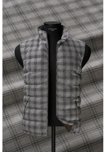 Doudoune sans manche gris carreaux marron — sur mesure — Costume Privé Paris