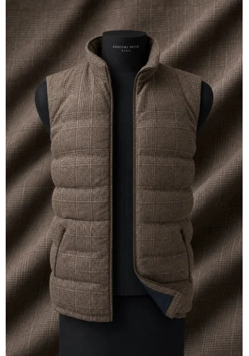 Doudoune sans manche marron clair Prince de Galles — sur mesure — Costume Privé Paris