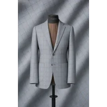 Veste bleu ciel large carreau marron automne — sur mesure — Costume Privé Paris