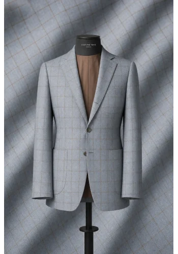 Veste bleu ciel large carreau marron automne — sur mesure — Costume Privé Paris