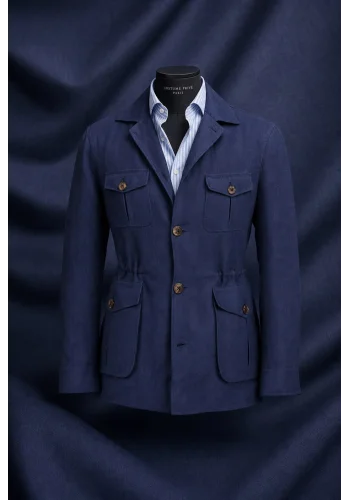 Veste saharienne lin bleu marine — sur mesure — Costume Privé Paris