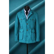 Veste saharienne lin bleu turquoise — sur mesure — Costume Privé Paris