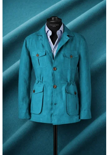 Veste saharienne lin bleu turquoise — sur mesure — Costume Privé Paris