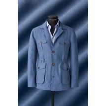 Veste saharienne lin bleu denim — sur mesure — Costume Privé Paris