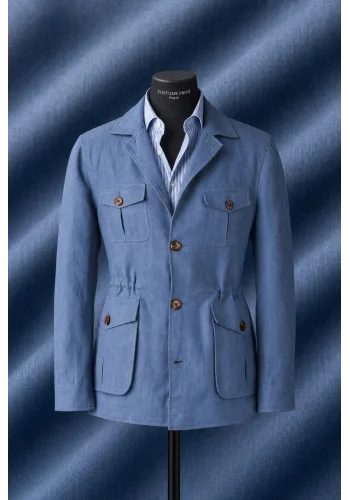 Veste saharienne lin bleu denim — sur mesure — Costume Privé Paris