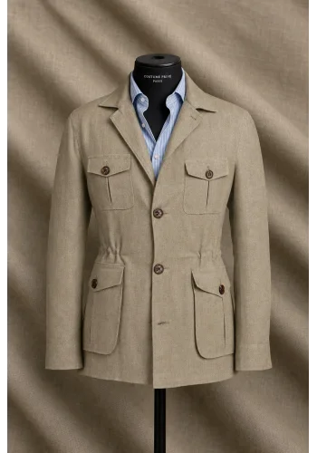 Veste saharienne lin beige sable — sur mesure — Costume Privé Paris