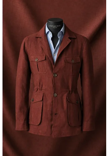 Veste saharienne lin bordeaux — sur mesure — Costume Privé Paris